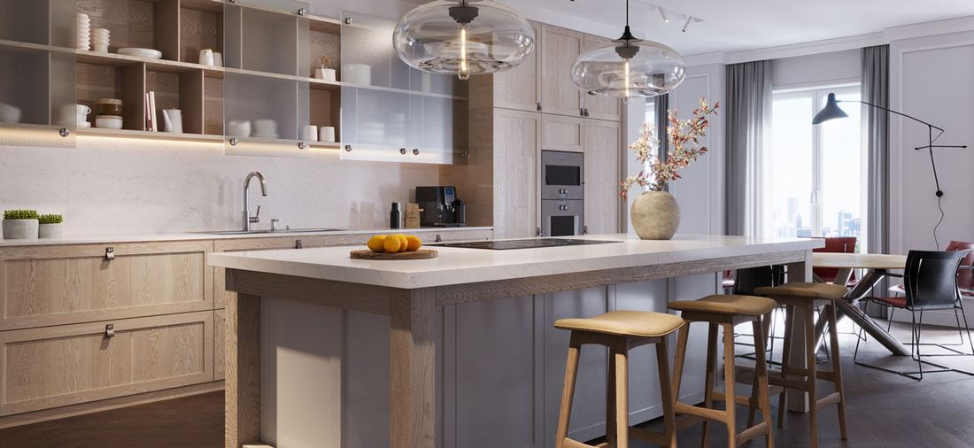 Clean eased-edge quartz countertop detail in a kitchen